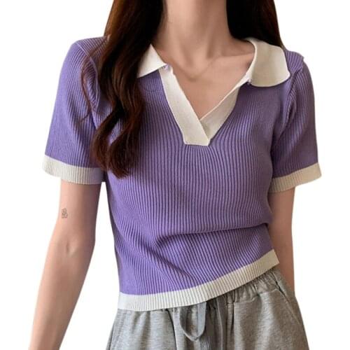 T-shirt Women Summer V-Neck Knited Fashion Solid Color Tops Cotton Short Sleeve Tee