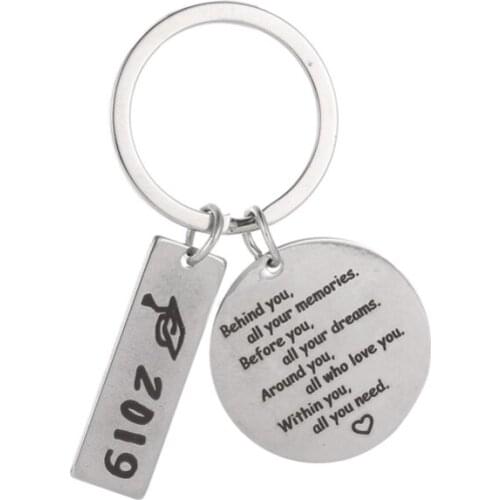 Geometric Hollow Circle Rectangle Printed Letter Silver Plated Simple Fashion Stainless Steel Key Chains For Women Men