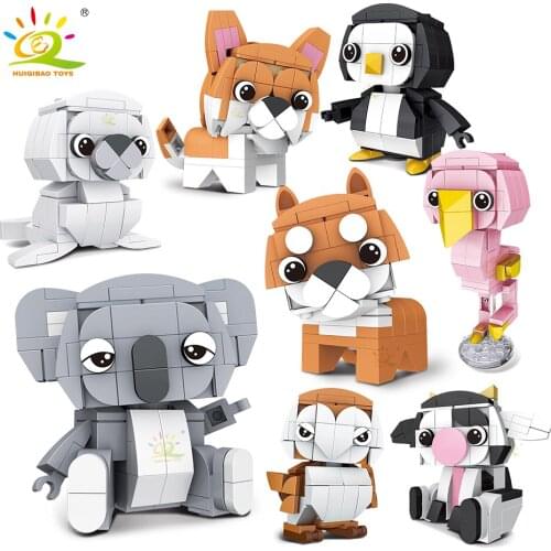 HUIQIBAO 8PCS/SET Animal Series Building Blocks Classic City Creator Koala Penguin Dog Bricks Educational Toys for Children Gift