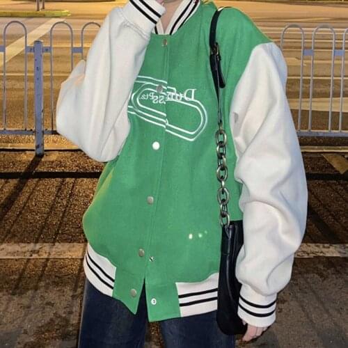 Women Letter Embroidery Baseball Jacket Color Block Vintage Harajuku Bomber Jacket 2021 Spring Oversized V-neck Streetwear Coat