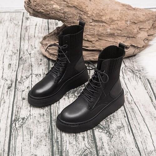 Fashion motorcycle booties women wedges platform sock boots british short lace-up botines femme winter thick bottom shoes 2020