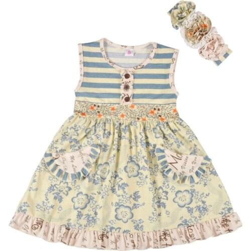 NewArrival Vintage Girls Dresses Children Sleeveless Floral Printed Cotton Dress with Headband High Quality Kids Dresses Vestido