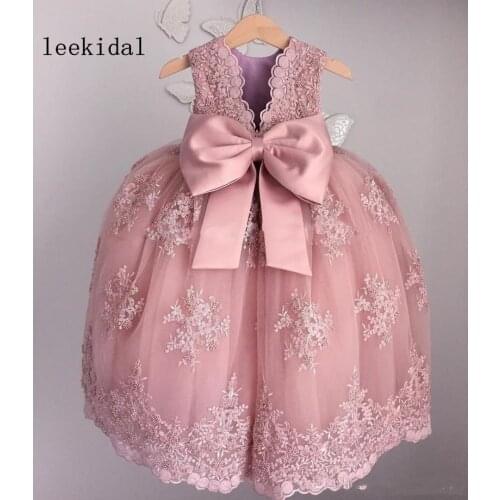 New Lace Appliqued Flower Girls Dresses For Weddings Soft Pink Beaded Little Baby Ball Gowns Puffy Skirts Communion vintage girl