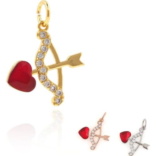 Micropavé CZ Ruby Heart Necklace, Medieval Bow and Arrow Pendant, Cupids Bow, DIY Jewelry Bracelet, 19.9x15.2x2.4 mm