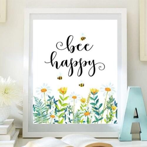 Bee Happy Nursery Quote Print Kids Wall Decor Watercolor Floral Wildflower Inspirational Wall Art Canvas Painting Beer Poster
