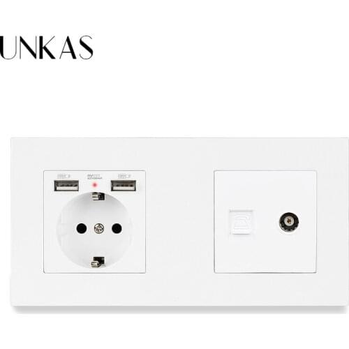 UNKAS Plastic Panel EU Standard Electric Socket With Dual USB + 1 Gang RJ11 Telephone And Female TV Jack Connector 172*86mm