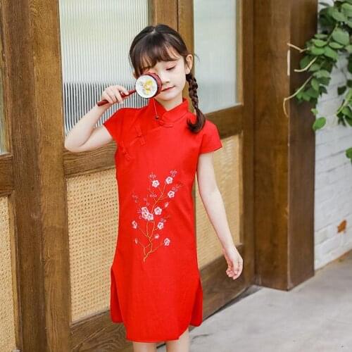 Girls embroidery flower cheongsam dress summer Chinese style Tang suit short sleeve childrens clothing