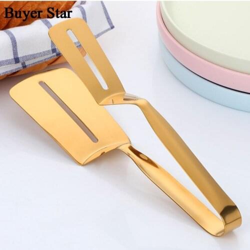 Flat Food serving Tongs Stainless Steel Clamp Golden BBQ Steak Clip Fish Bread Pizza Cooking Tools Dessert clip Kitchen Utensil