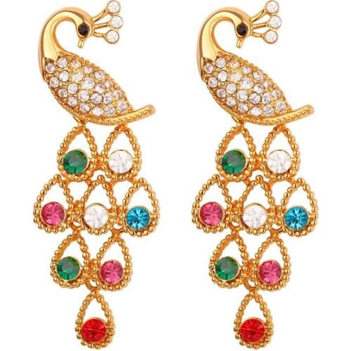 Luxury Peacock Drop Earrings For Women Wedding Bridal Gold/Silver Rhinestone Crystal Animal Long Earrings Fashion Jewelry E012