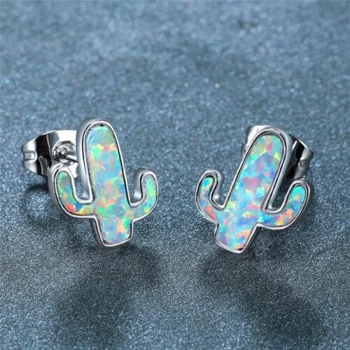 Female Luxury White Blue Opal Stone Earrings Vintage Silver Color Cactus Stud Earrings Fashion Bridal Wedding Earrings For Women
