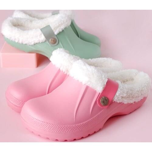 Pink Sandal Clogs for Women Warm Winter Fur Garden Shoes Clog Indoor Casual Warm Home Slippers EVA Flat Clog Footwear Slippers