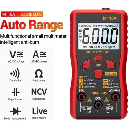 M118A Mini Smart Tester Digital Multimeter with NCV Data Hold Flashlight 6000 Counts Auto Mmultimetro True Rms Tranistor Meter