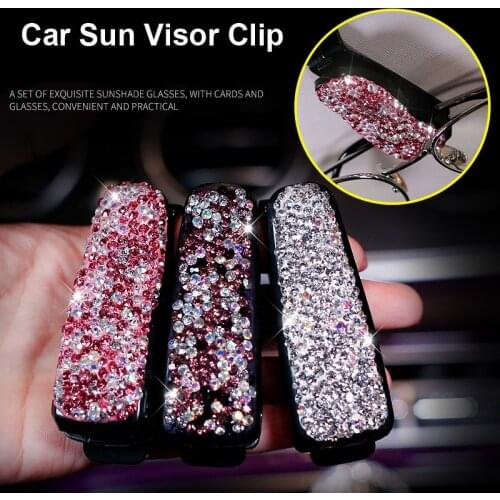 Universal Diamond Crystal Car Sun Visor Clip Holder Glasses Sunglasses Eyeglass Card Pen Clip Holder Rhinestone Auto Accessories