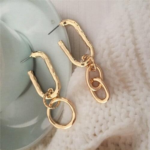 High Quality Gold Color Circle Geometric Shape Linked Unbalanced Earrings For Women Girl Lady Gift Jewelry New Trend