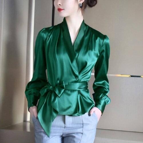 Bella philosophy 2020 Spring Casual Women Blouse Femme Elegant Solid Slim Tops Shirts lady lace up Clothes Satin Silk Blusa