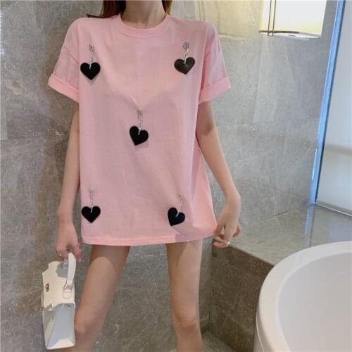 Gkfnmt Long T-shirts For Dress Cotton Short Sleeve Summer Women Tees Shirts Femme Fashion 2021 O-Neck Korea Top Pink White Black