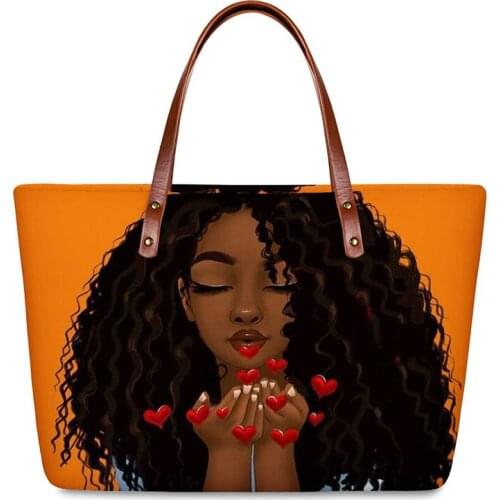 HYCOOL Women Tote Bag Art Afro Black Girl Heart Shaped Printing Female Travel Hand Bag Ladies Diving Cloth Material Beach Bags