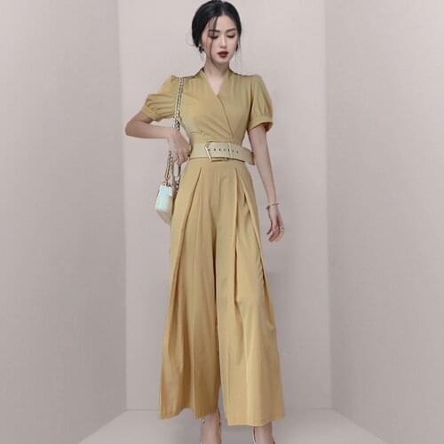JSXDHK 2021 Runway Summer Short Sleeve Jumpsuit Elegant Women V Neck Yellow High Waist Puff Sleeve Wide Leg Jumpsuits With Belt