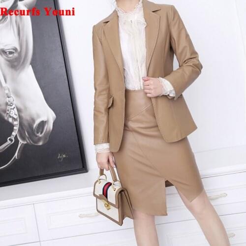 2 Piece Set Women Genuine Leather Jacket Winter Great Quality Office Suits Midi Long Split Skirt Mujer Ropa Blazer & Skirts Set