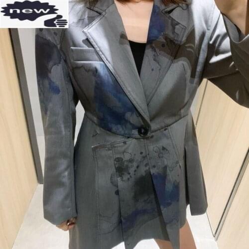 Autumn Women Print Pleated Blazer Designer Single Button Slim Suit Jacket Chinese Style Lapel Party Office Lady Coat Grey