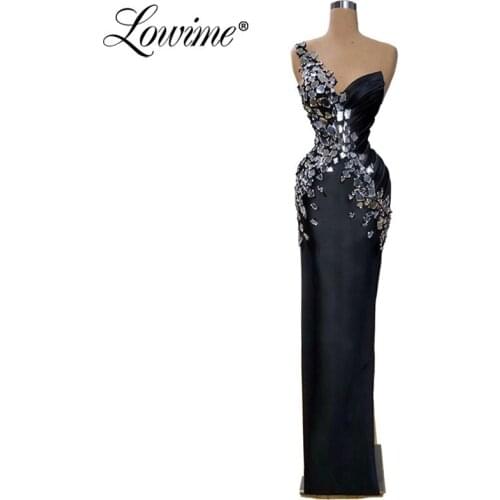 Dubai Design One Shoulder Crystal Elegant Evening Dress Black Satin Celebrity Party Dresses Formal Kaftans Robe De Soiree 2020