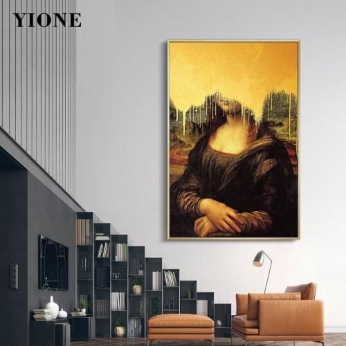 Golden Graffiti Vintage Mona Lisa Oil Painting Wall Art Portrait Aesthetic Abstract Prints Canvas Poster Picture for Living Room