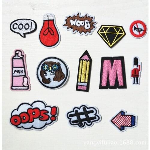 100pcs/lot Embroidery Patch Bulb Horn Arrow Diamond Girl Police Cloud Symbol Letter Clothing Decoration Backpack Iron Applique