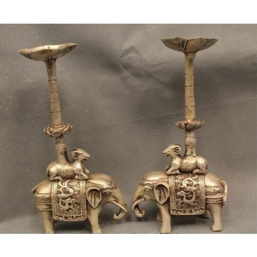2pcs Chinese Silver Elephant Sheep Goat Candle Holder Candlestick Statue Pair Set Decoration 100% real Brass Bronze