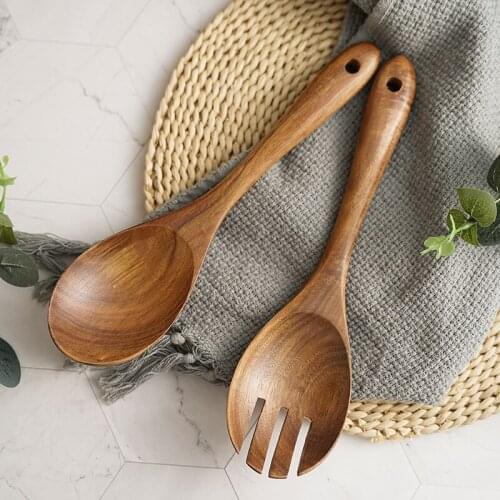 2Pcs Wooden Salad Spoon Fork Large Serving Spoon Set Salad Server Wood Kitchen Utensils Long Handle Soup Spoon Ladle Tableware