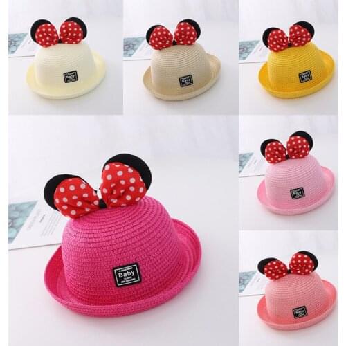 Disney Mickey New Cute Cartoon Big Bow-knot Ear Baby Hat Children Girl Boy Summer Straw Hat Sunshade Floppy Panama Hat