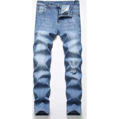 Stretch Hole Loose Denim Jeans Men Casual Full Length Bleached Ripped Washed Light Blue Straight Distressed Fashion Male