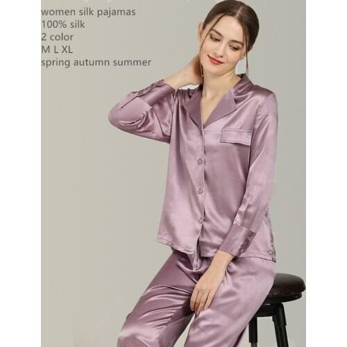 Naizaiga 100% silk solid gray purple women long sleeve long pant two-pieces set women pajamas suit , SKFS8