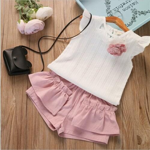 Little Girls Summer Clothes Solid Color Set Short Flying Sleeve T shirt and Double-layered Lace Short Pans 2 PCS Outfit