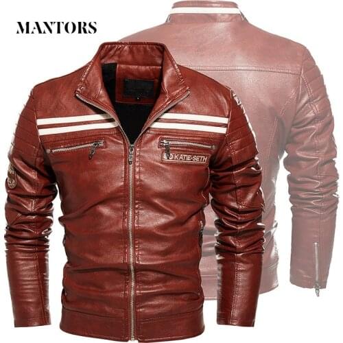 New Men Motorcycle Jacket Casual 2021 Autumn Winter Warm Velvet Mens PU Leather Jackets Zipper Stripe Outwear Coats Multi-pocket