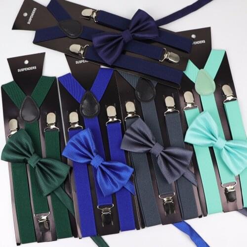 Soild Color Man Polyester Belt Bow Tie Set Woman Mens Suspenders Butterfly Clip-on Y-Back Braces Elastic Women Adjustable