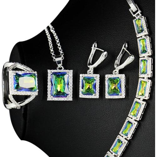 Rainbow Topaz 925 Sterling Silver Jewelry sets For women Necklace Earrings Ring Bracelets For Gift Box