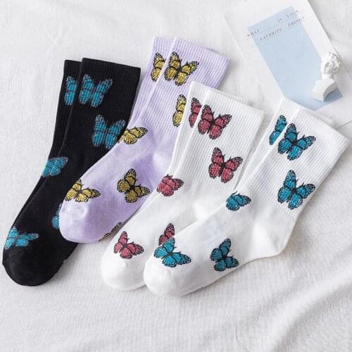 Women Cotton Socks Black White Butterfly Print Casual Personality Anime Fashion Socks Trend For Girls Breathable And Comfortable