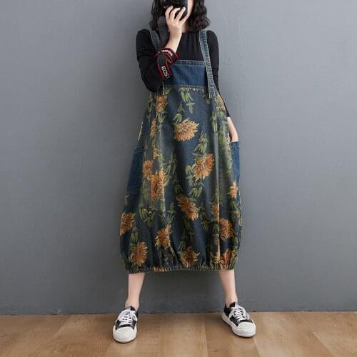2021 Spring Autumn New Sunflower Print Wash Denim Dress Large WomenS Lantern Strap FT45