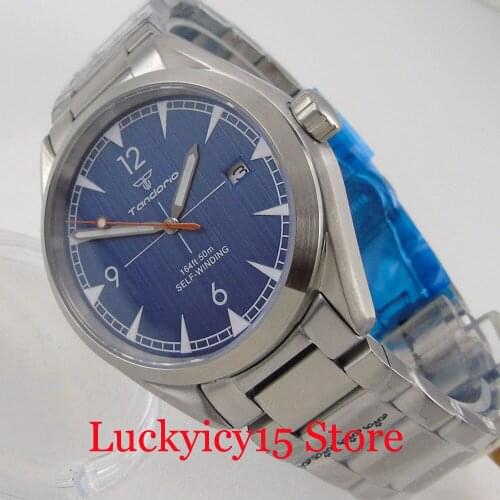 Tandorio Brand Blue Brushed 24 Jewels NH35A Men Watch Seeing Glass Back Red Second Hand Steel Bracelet
