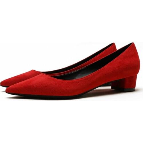 Design Square Heel Pumps High Quality Genuine Suede Leather Pointed Toe Soft Comfortable Handmade Shallow Womens Shoes E0105