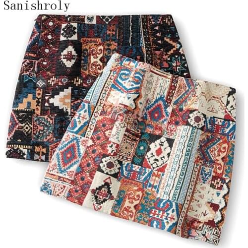 Sanishroly Vintage High Waist Women Boho Skirt Embroidery A-Line Mini Skirt Geometry Pattern Bohemian Indie Folk Bodycon Skirts
