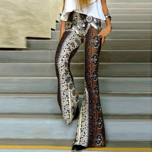 Women Casual Flare Pants NEW Casual Women Boho Floral Stretch High Waist Loose Bell Bottom Long Pants