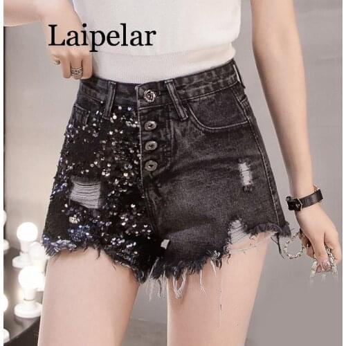 2020 Sequined Women Denim Shorts Summer Vintage High Waist Hole Tassel Washed Soft Short Jeans Loose Single Button Street Wear