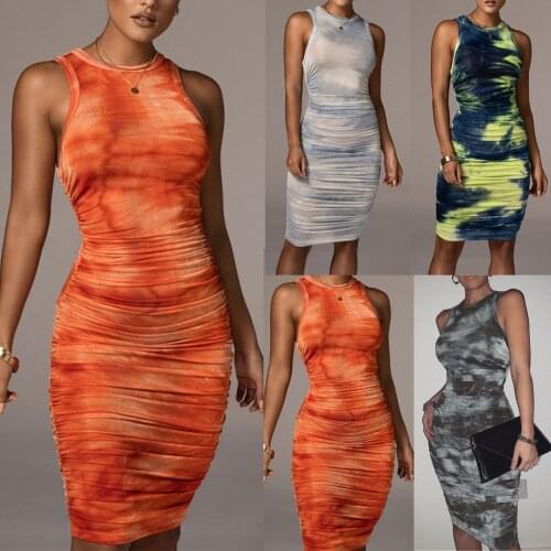 Fashion Dress For Women Boho Summer Sexy O-Neck Sleeveless Tank Tie-dye Printed Bodycon Dress straight Outfit Dresses OOTD Robe