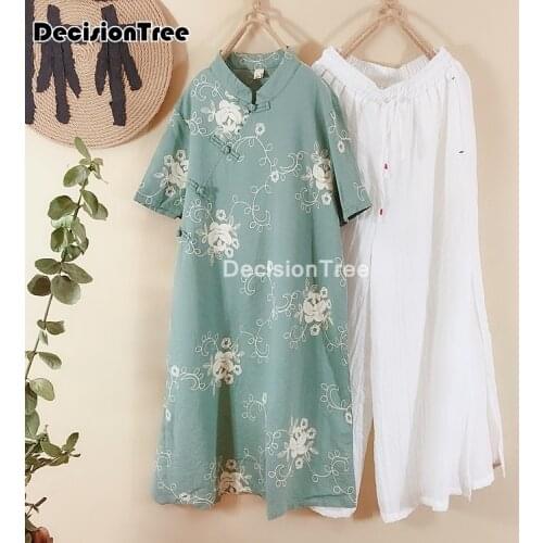 2021 chinese dress chinese traditional women cotton and linen qipao elegant cheongsam lady floral print vintage dress