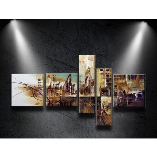 100%Hand-Painted Modern city on the Canvas Art black line Abstract Oil Painting Wall Home Sitting Room Decoration 5 pcs/set
