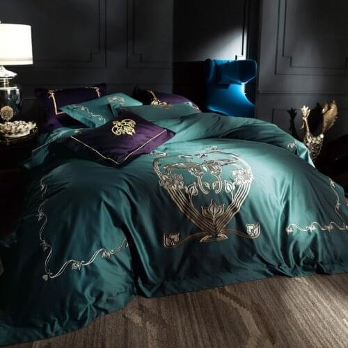 120S green Egyptian Cotton Embroidery Luxury Royal Bedding Set 4pcs King Queen Wedding Bed Sheet set Duvet cover Pillowcase 6pcs