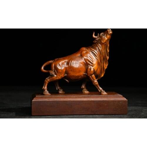 5" China Lucky Seikos Boxwood Zodiac Bull Buddha Statue Bull stock Bull market Bullish Niu Turns the World Office decorations