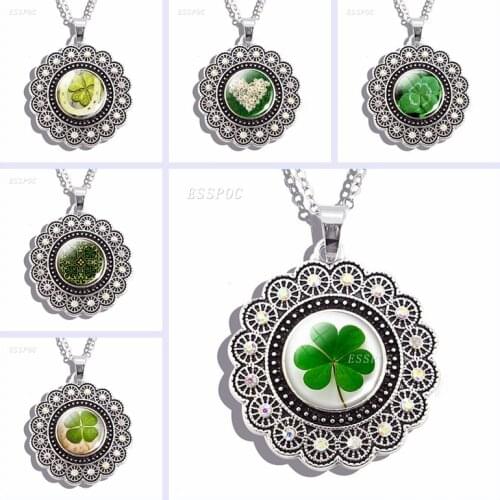 Four Leaf Clover Flowers Necklace Art Lucky Shamrock Glass Cabochon Jewelry Pendants Charm Irish Necklaces St Patricks Day Gifts