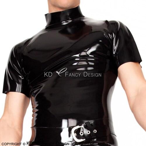 Black Sexy Latex Tee Shirt Short Sleeves High Collar Rubber T Top Clothes YF-0097